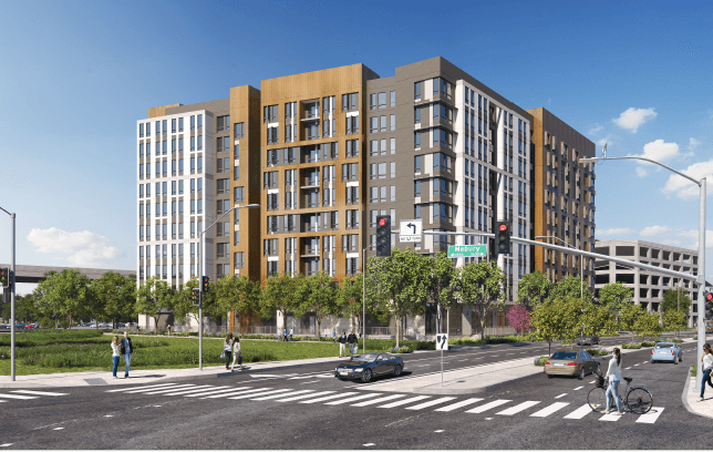 Berryessa Apartments render with pedestrians walking and riding bicycles