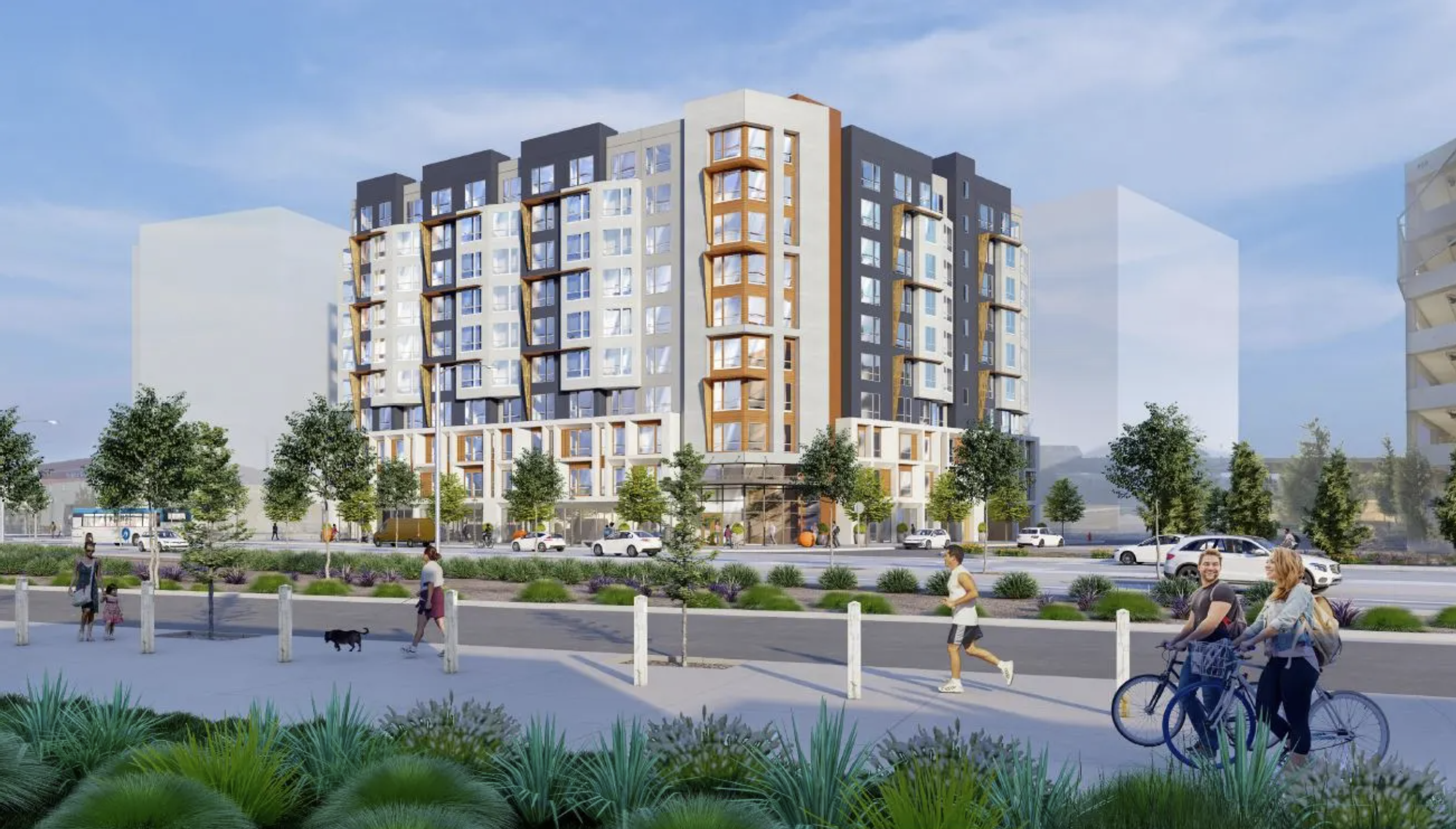 Berryessa Apartments render with pedestrians walking and riding bicycles